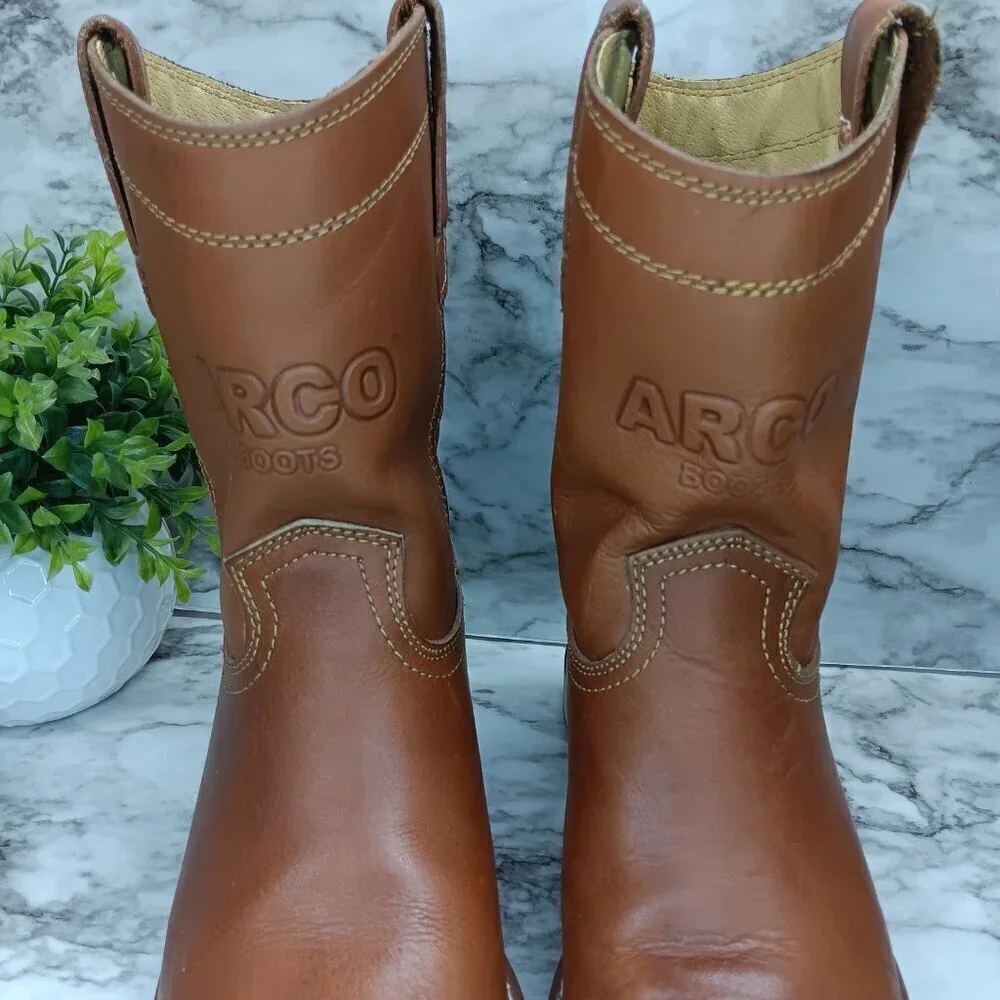 ARCO MEN'S WORK BOOTS ROUND TOE GENUINE LEATHER PULL ON SOFT TOE LIGHT BROWN 7